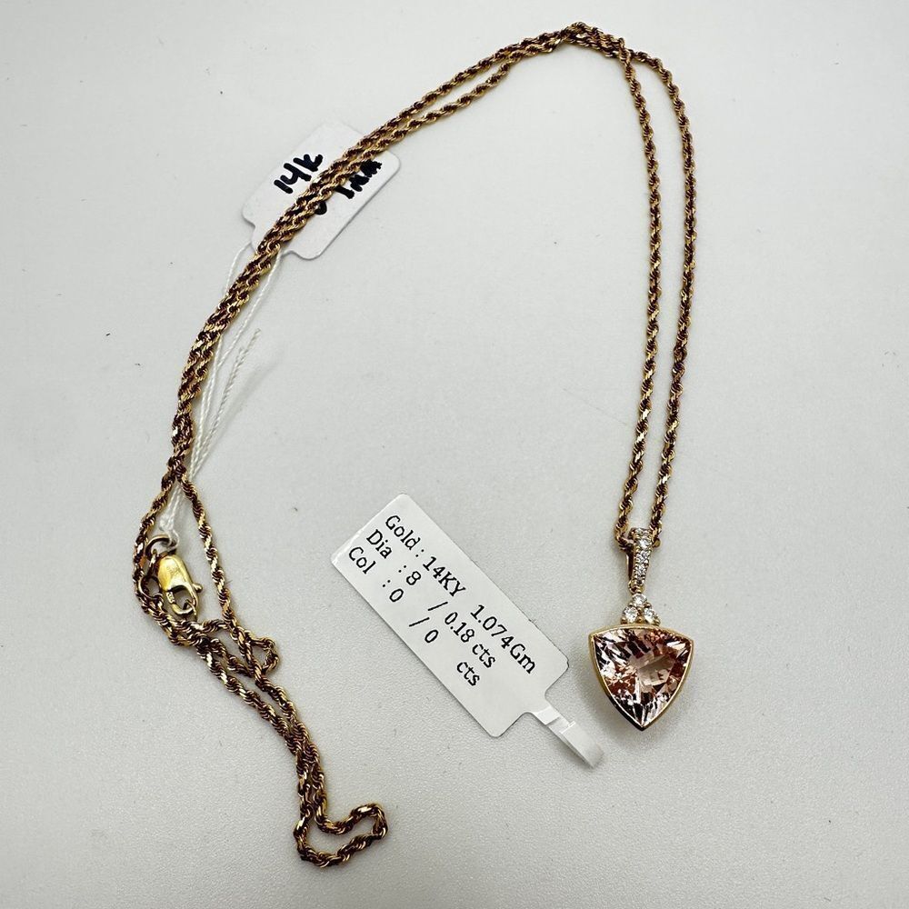 NWT 10mm trillion cut morganite w/ accent .18ct diamonds set in 14k YG necklace!